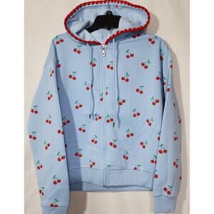 Cherry graphic blue full zip hoodie women's medium NWT